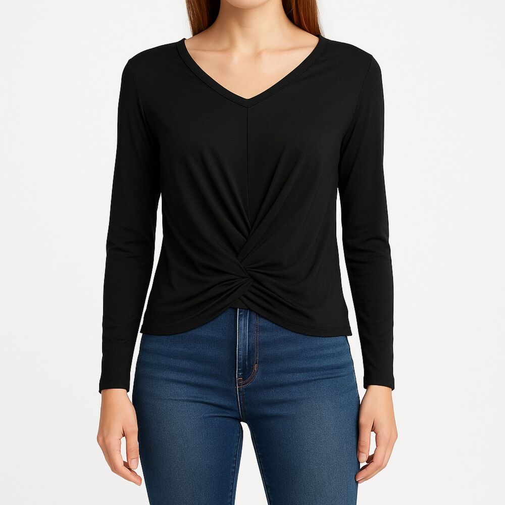 Express Black V-Neck Twist Front T-Shirt Relaxed Fit Casual Everyday Top XS